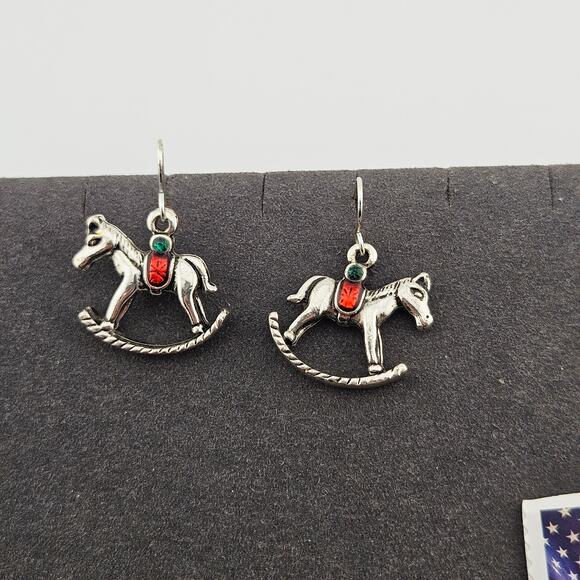 Rocking Horse Silver Tone Earrings Dangle Drop Old Fashioned Christmas Nostalgia - Picture 1 of 3